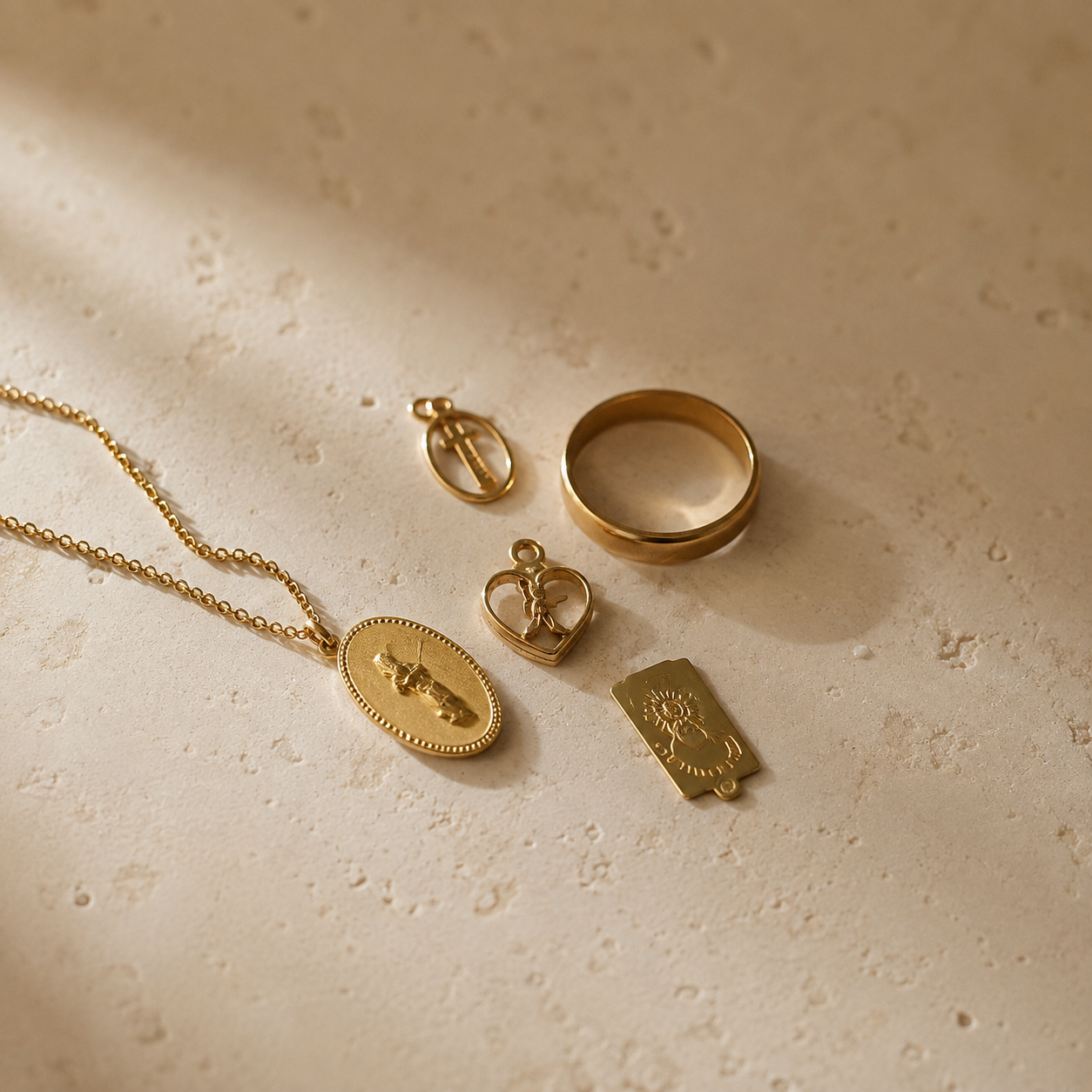 A gold heirloom jewelry set arranged on a warm beige stone surface for a creation of a new jewelry by Tatiana Marques Jewelry. A necklace with an oval pendant, a ring, a small heart-shaped pendant, and a small rectangular charm.