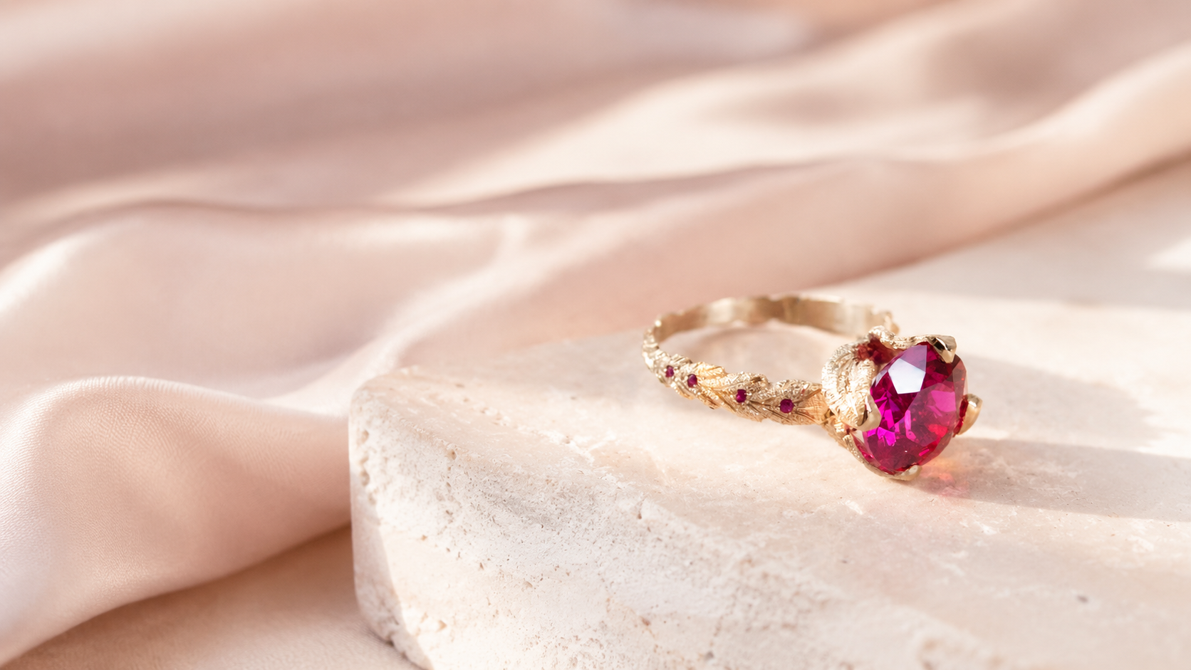 A rose gold Princess Nature ring created by Tatiana Marques Jewelry with a large, faceted lab ruby gemstone, resting on a textured stone slab with draped blush pink satin fabric in the background.