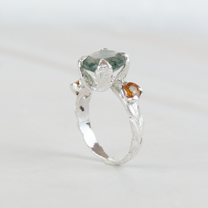 Princess Nature Moss Agate and Sapphires Ring