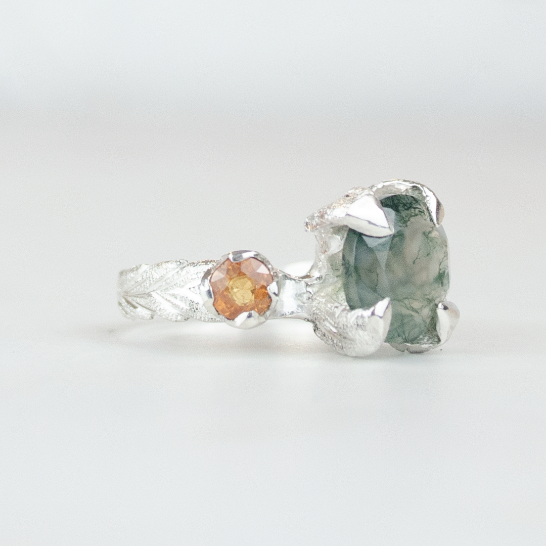 Princess Nature Moss Agate and Sapphires Ring