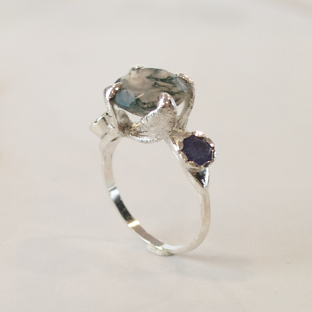Anillo Princess Nature Ágata Musgosa y Tanzanitas 