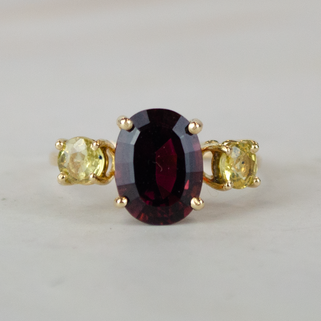 Burgundy Passion Gold Rhodolite and Sapphires Ring