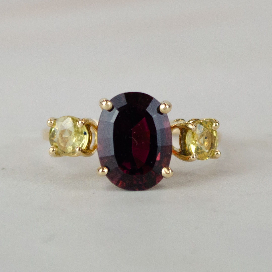 Burgundy Passion Gold Rhodolite and Sapphires Ring