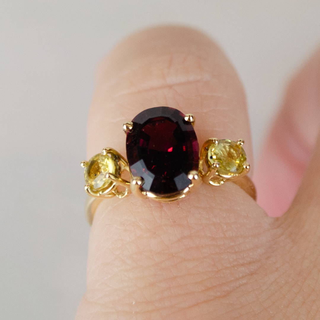Burgundy Passion Gold Rhodolite and Sapphires Ring