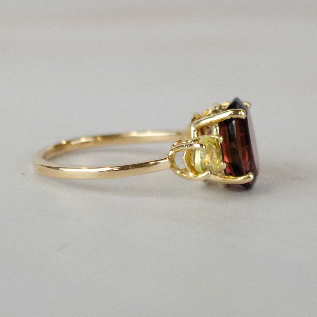 Burgundy Passion Gold Rhodolite and Sapphires Ring