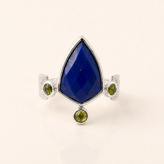 Midnight Garden Lapis Lazuli and Peridot Silver Ring