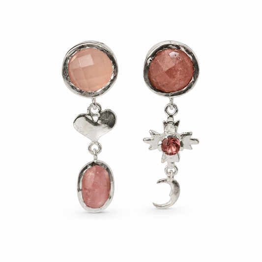 Celestial Love Asymmetric Strawberry Quartz and Tourmaline Earrings in Silver