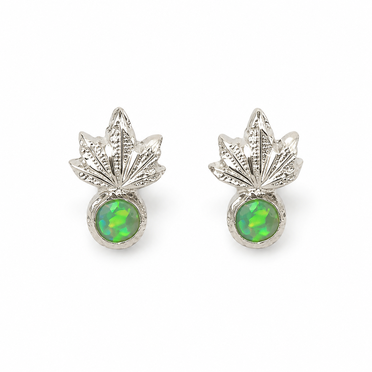 Botanical Green Opal Leaf Stud Earrings in Silver