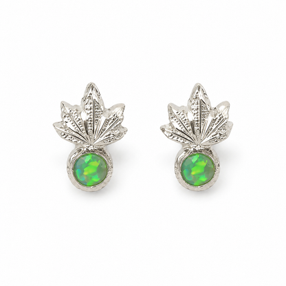 Botanical Green Opal Leaf Stud Earrings in Silver
