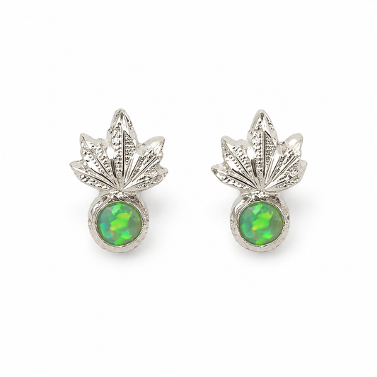 Botanical Green Opal Leaf Stud Earrings in Silver