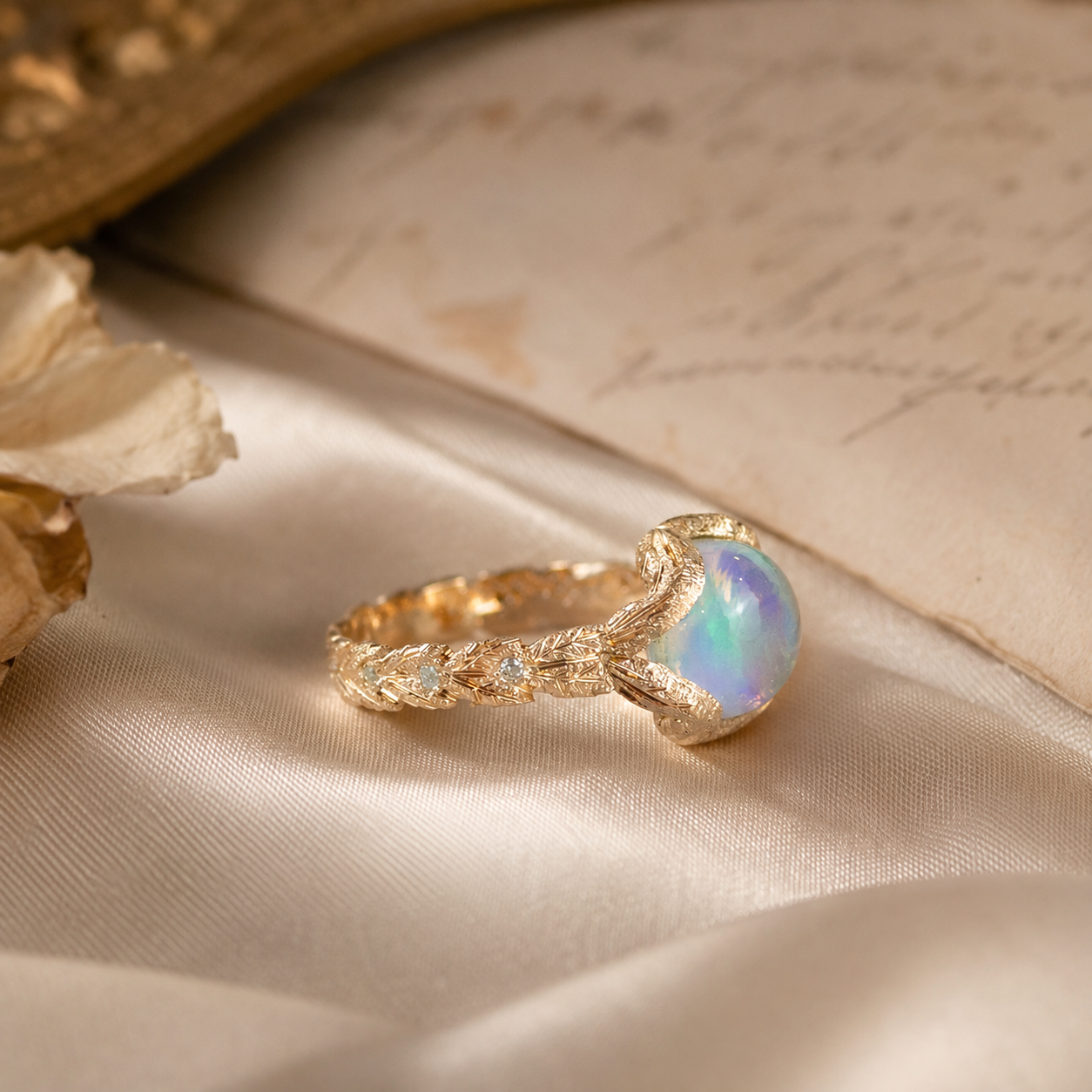 A gold ring from Tatiana Marques Jewelry with a round iridescent opal gemstone, resting on a cream satin fabric next to an old book and dried flower.
