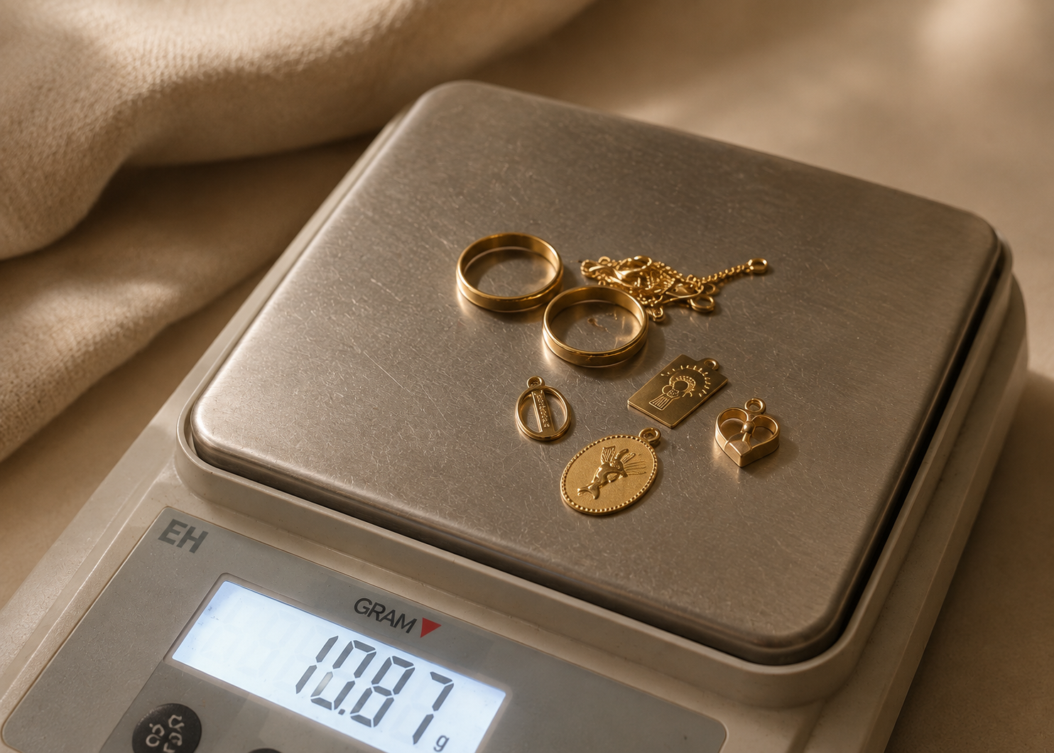 Several gold jewelry pieces, including rings, a chain, and small pendants, are arranged on a digital scale displaying 10.87 g for a creation of a new jewelry by Tatiana Marques Jewelry.