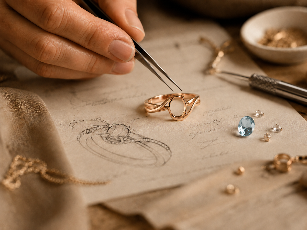 A close-up of a Tatiana Marques jeweler's hand using tweezers to place a round light blue gemstone onto a gold ring, set against a warm, vintage-style workbench background with sketches and tools.