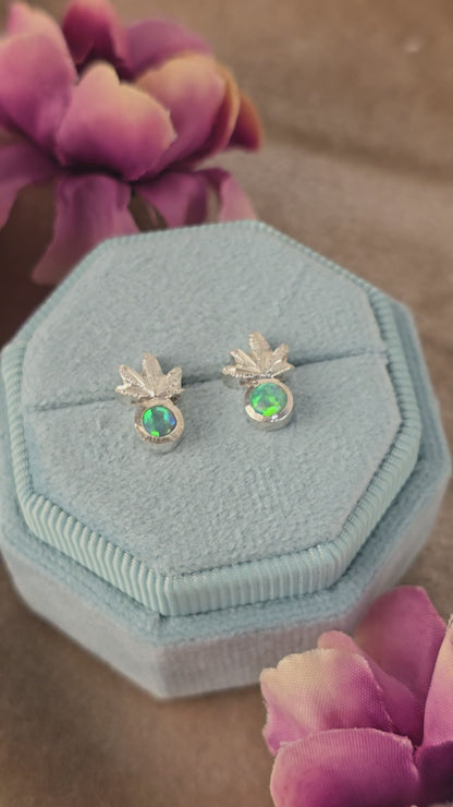 Botanical Green Opal Leaf Stud Earrings in Silver